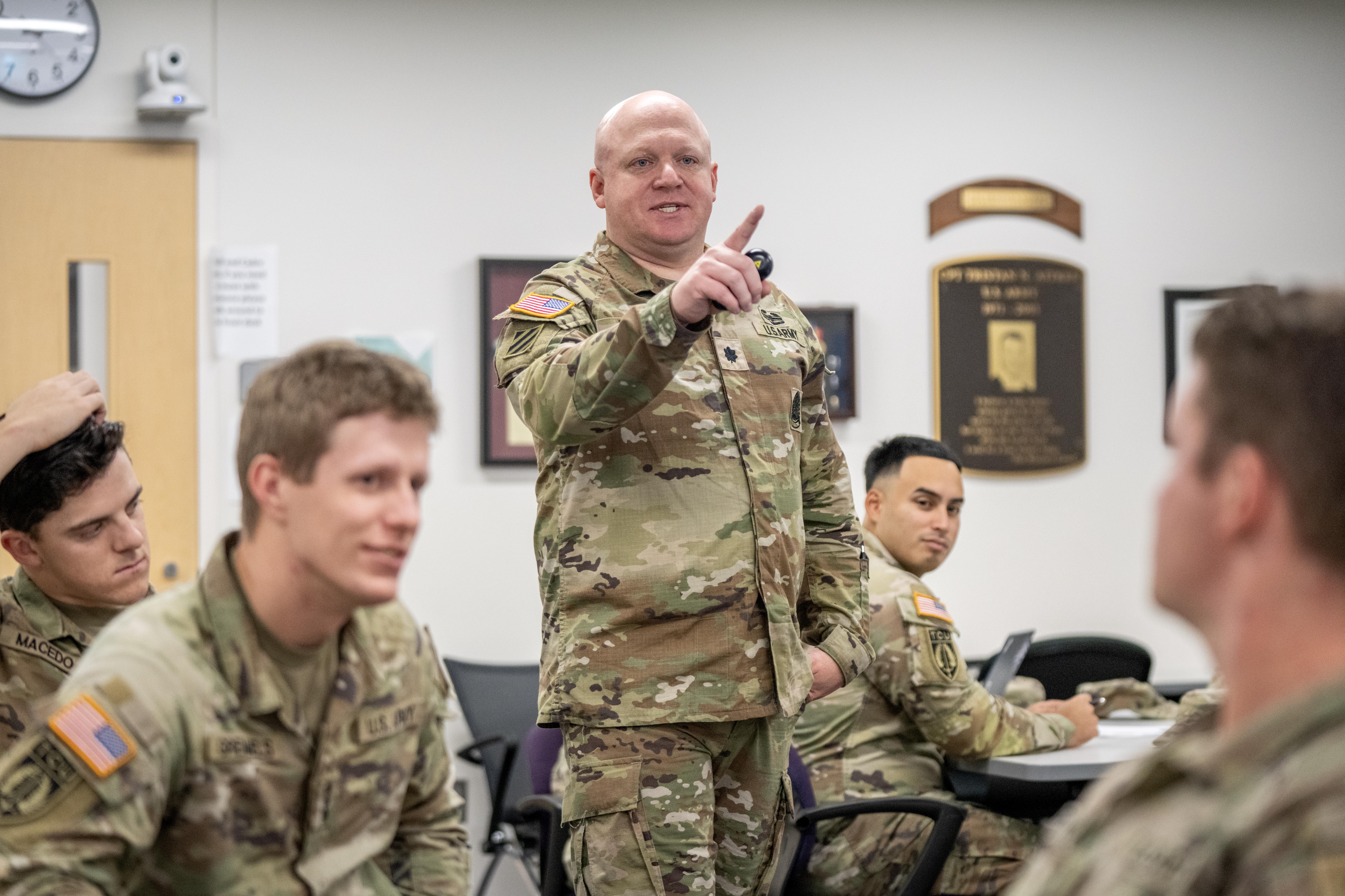 Professor of military science LTC Kevin Nogle leads an Advanced Leadership I class (MILS 40053) in the Rickel Building, November 20, 2024. Photo by Jeffrey McWhorter.
