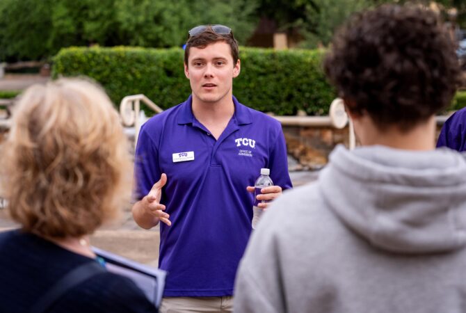 Student tour guides give tours to prospective students and their families on Wednesday, May 28, 2025, on the TCU campus in Fort Worth, Texas. Photo by Jeffrey McWhorter.